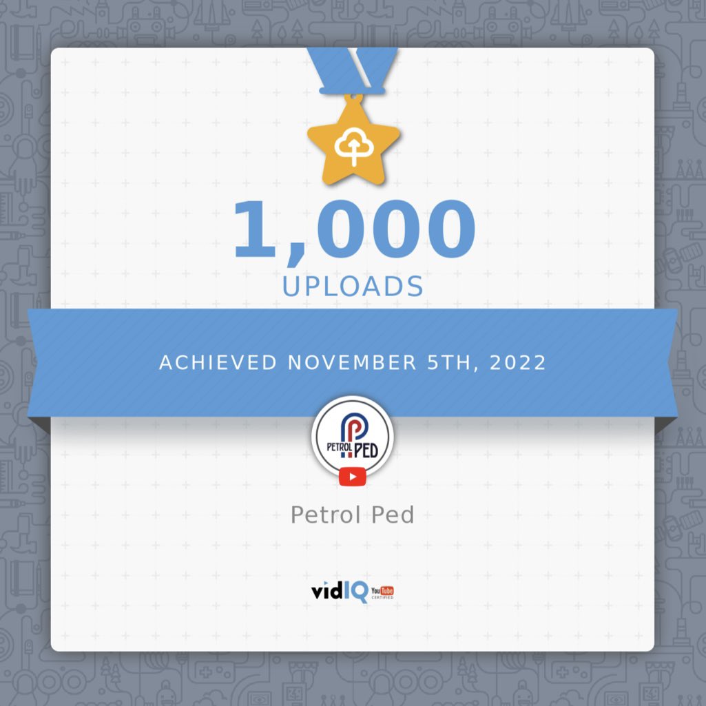 petrol_ped's tweet photo. Another landmark award from @vidIQ This weeks MW180 was my 1000th video. That works out at at average of 2.7 videos per week for nearly 7 years 😮 #petrolped #1000uploads #youtuber https://t.co/srgOrG8kQT