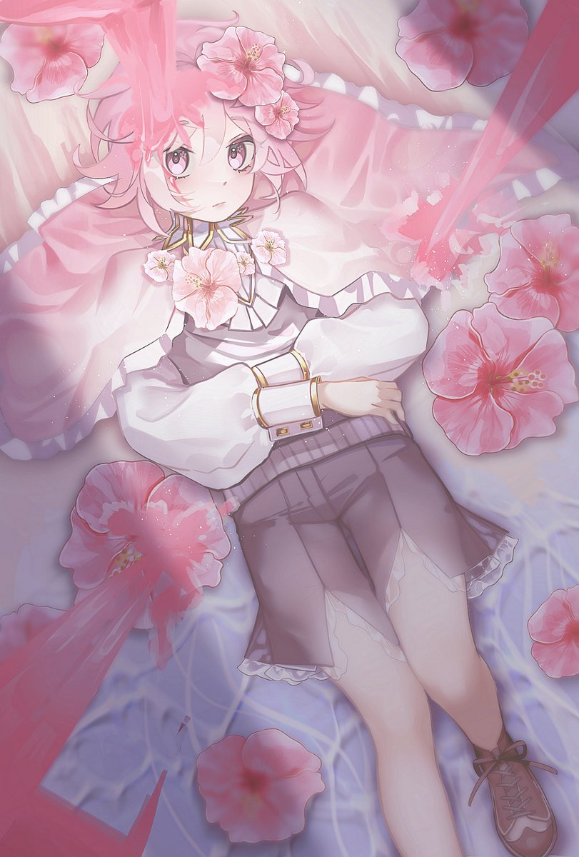 flower pink hair solo pink eyes lying shorts hair flower  illustration images