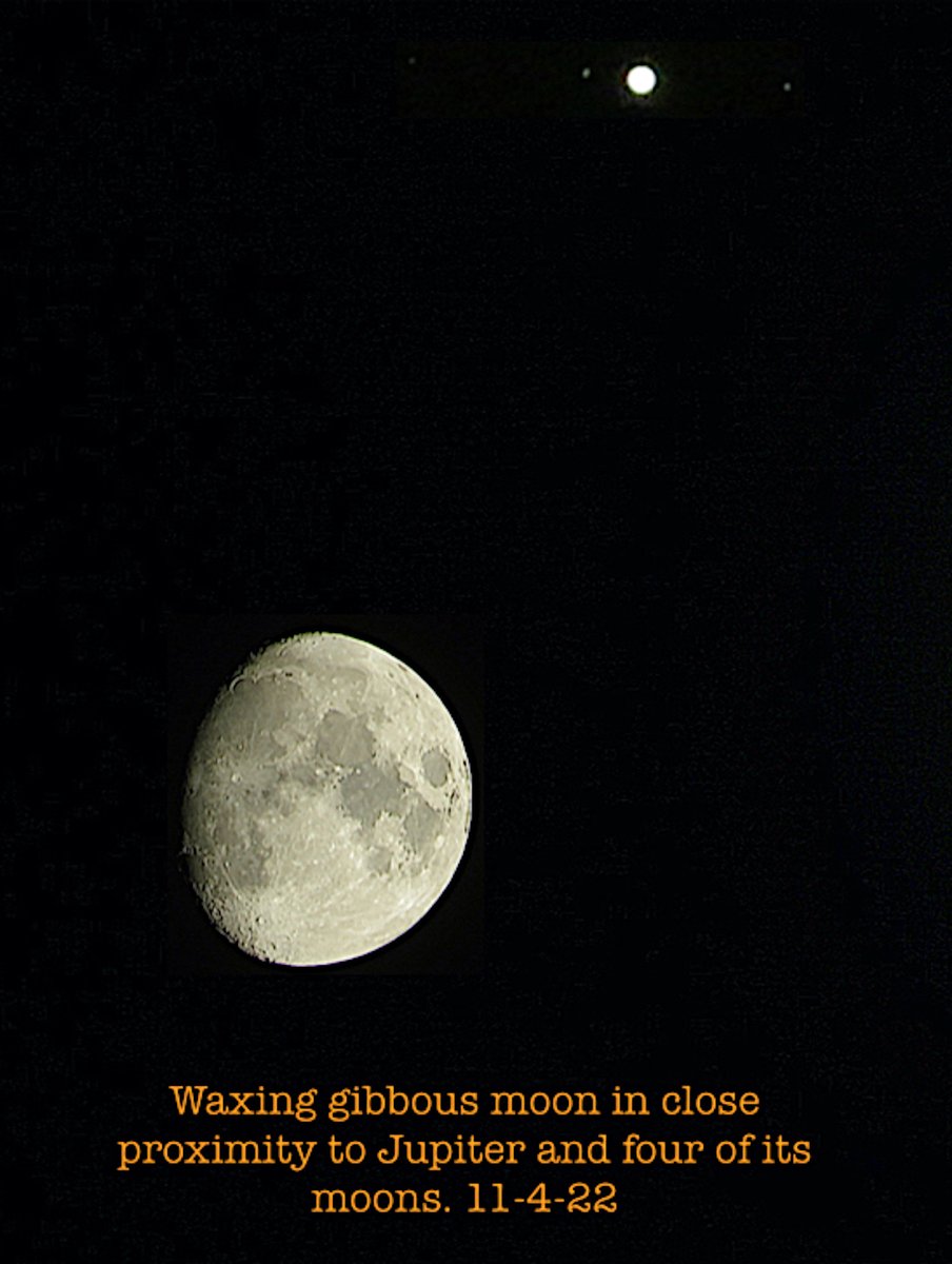 Lee_Speigel's tweet photo. On Nov. 4, the moon and Jupiter were in close proximity to each other (from our perspective). It looked like a good photo op. Here are three images I took with my Canon PowerShot SX540 around 7pm, Eastern. I was lucky to capture Earth’s moon and Jupiter’s moons at the same time! https://t.co/Vef1QXY4Ly