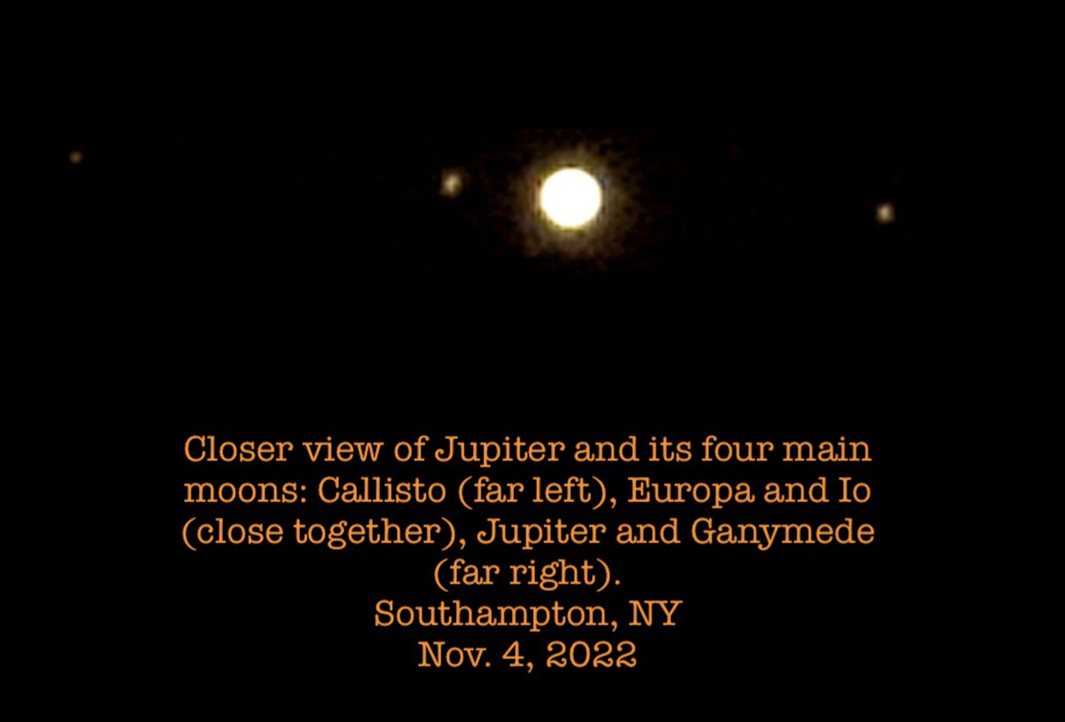 Lee_Speigel's tweet photo. On Nov. 4, the moon and Jupiter were in close proximity to each other (from our perspective). It looked like a good photo op. Here are three images I took with my Canon PowerShot SX540 around 7pm, Eastern. I was lucky to capture Earth’s moon and Jupiter’s moons at the same time! https://t.co/Vef1QXY4Ly