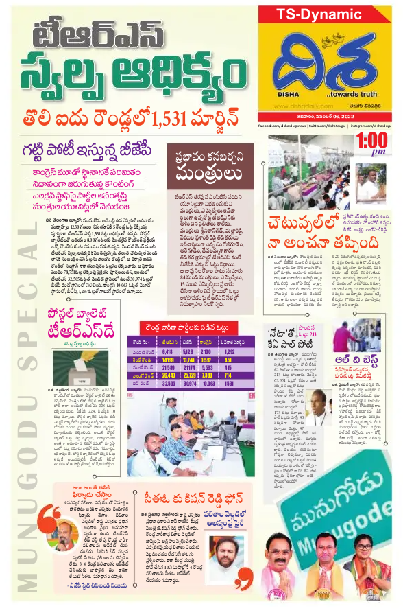 dishatelugu's tweet photo. https://t.co/PjlNcso9Le
*���ిశ.. డైనమిక్ 06-11-2022, 1:00PM TS EDITION*
*ఐదో రౌండ్ వరకు కారుదే జోరు.. లీడ్ ఎంతంటే?*
*సీఈఓపై బండి సంజయ్ సంచలన వ్యాఖ్యలు*
#Telangana #Dishadaily #LatestNews https://t.co/Anczvq7u4r