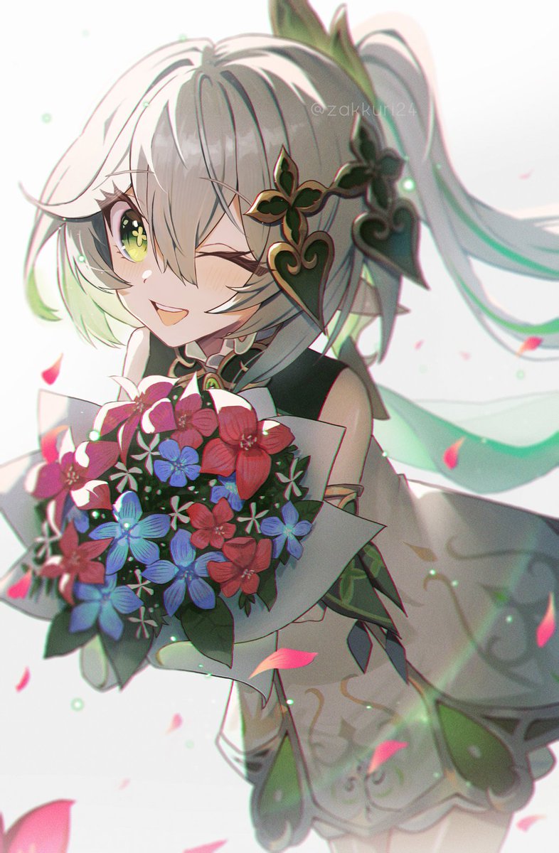 nahida (genshin impact) 1girl one eye closed green eyes flower solo bouquet smile  illustration images