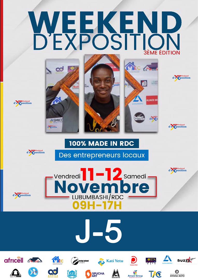 Bienvenue au Weekend D'exposition 3. Adresse/WORKSPACE 2 : Prendre le transport de CRAA, descendez sur l'arrêt Tshombe, Rond Point Mazembe, en face de l'école Bustani ya elimu 
J-5
🔥🔥🔥
