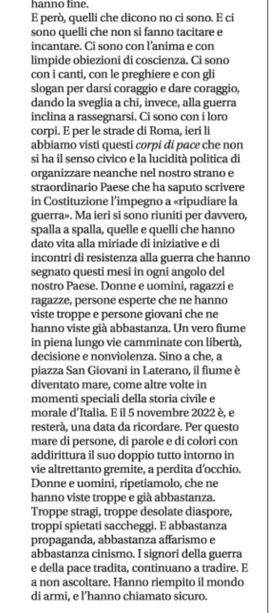 geascanca's tweet photo. Quelli che dicono no ci sono. Quelli che non si fanno tacitare e incantare. Un fiume in piena, perché gli altri hanno riempito il mondo di armi, e lo hanno definito sicuro. 

Marco Tarquinio su ⁦@Avvenire_Nei⁩ https://t.co/0jU7eUFdpG