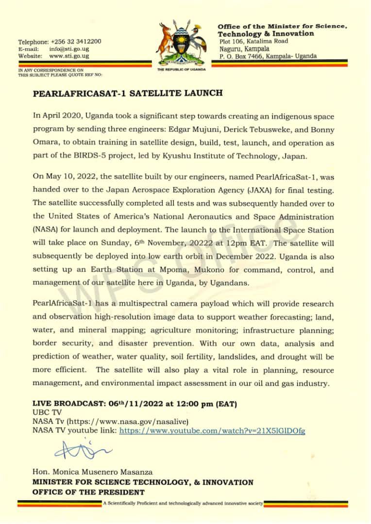 UBC UGANDA (@ubctvuganda) on Twitter photo We will broadcast the historic Pearlafricasat-1 Satellite launch this afternoon. Time has changed to 13.50 EAT. <a href="/STIsecretariat/">Science, Technology and Innovation Secretariat🇺🇬</a> #UBCUpdates We will broadcast the historic Pearlafricasat-1 Satellite launch this afternoon. Time has changed to 13.50 EAT. <a href="/STIsecretariat/">Science, Technology and Innovation Secretariat🇺🇬</a> #UBCUpdates