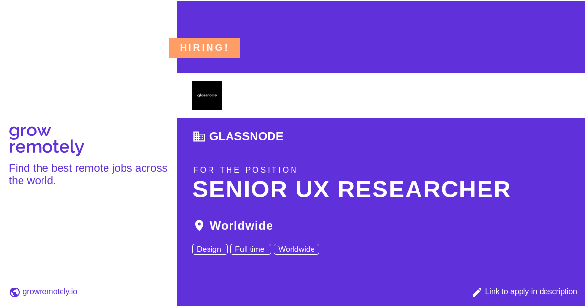 growremotelyio's tweet photo. Check out this job at Glassnode for the position Senior UX Researcher.

 Apply link: https://t.co/JOUaTh6hv0

#hiring #remotejobs #Glassnode #Design https://t.co/3DHxGRJcAJ