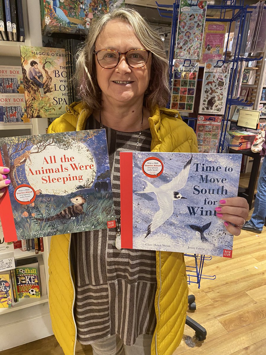 ClareHelenWelsh's tweet photo. Yesterday I popped into @WaterstonesPly and signed some copies of #TimeToMoveSouthForWinter and #AllTheAnimalWereSleeping , modelled here beautifully by my mum! ππ€ @JennyLovlie @NosyCrow https://t.co/iSffAIn3Wo