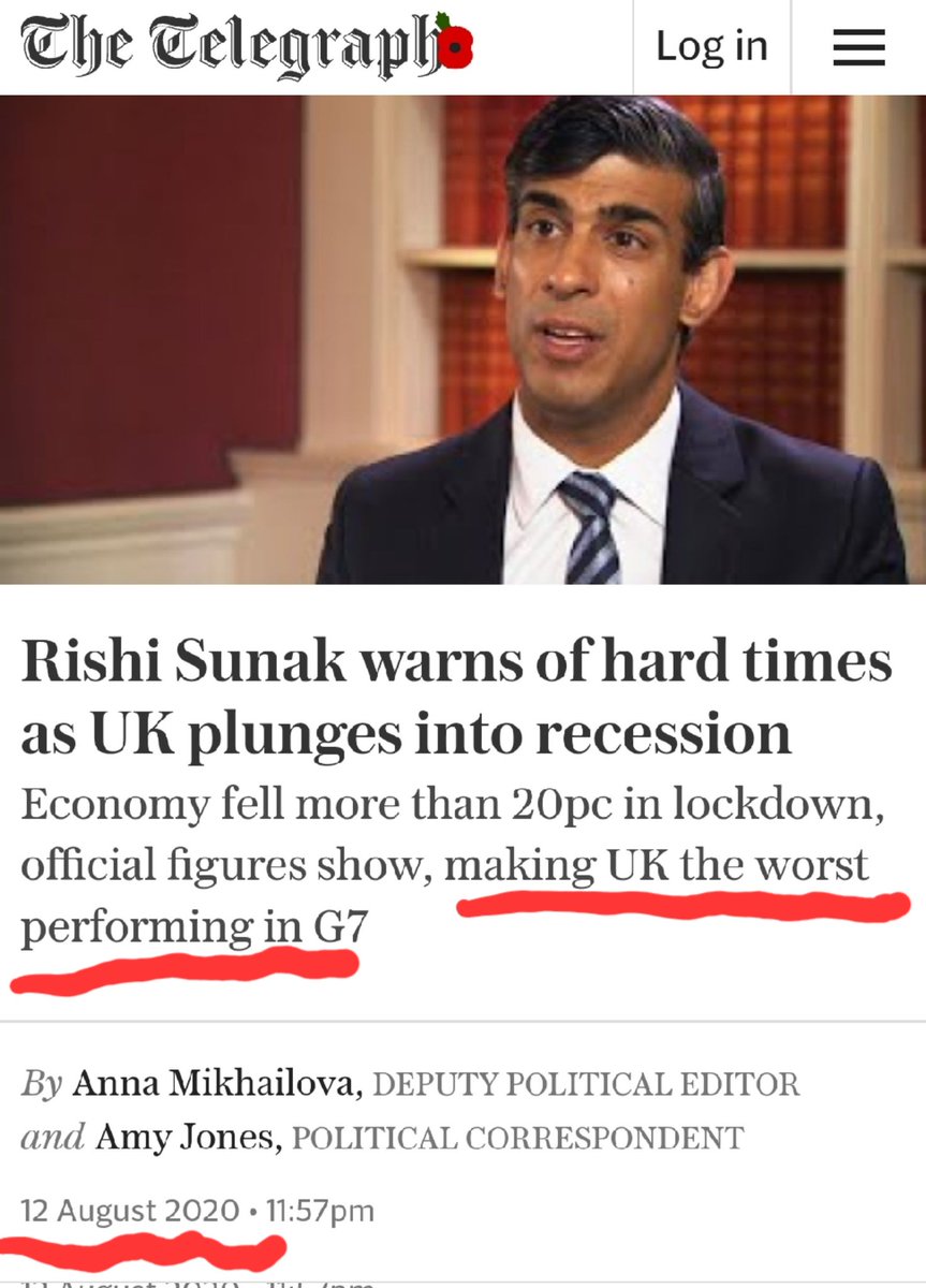 Rishi Sunak is not "rescuing the economy from Liz Truss and Boris Johnson".

He was the Chancellor for the last 3 year, and took the UK into the WORST recession of any G7 country.

He's more to blame for our economic crisis than LITERALLY ANYONE ELSE in the UK!
#AutumnStatement