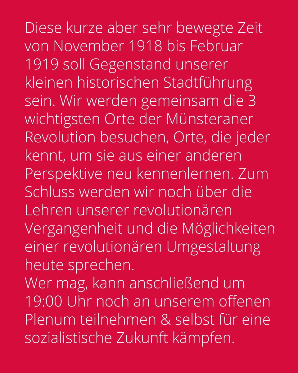 Kommt zu unserer kleinen Stadtführung am Mittwoch den 09.11., dem Jahrestag der Novemberrevolution in Münster. Lernt Münster aus einem anderem Blickwinkel neu kennen!