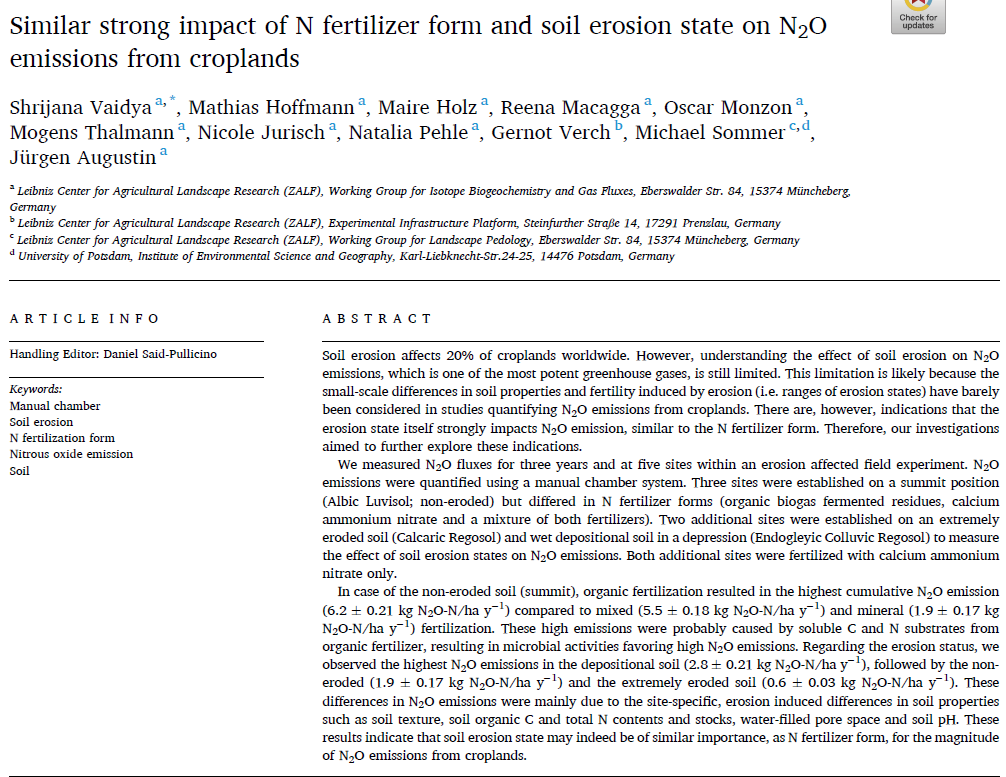 VaidyaShrijana's tweet photo. #Soil #erosion matters for #climatechange #mitigation #COP27. Our just published paper @Geoderma_Jrnl highlights that soil erosion influences N2O #emissions to similar degree as N #fertilizer forms.
https://t.co/lAzDjpcheO
@krumensenke @zalf_leibniz #MonksHillLab https://t.co/F1D4aMm62M