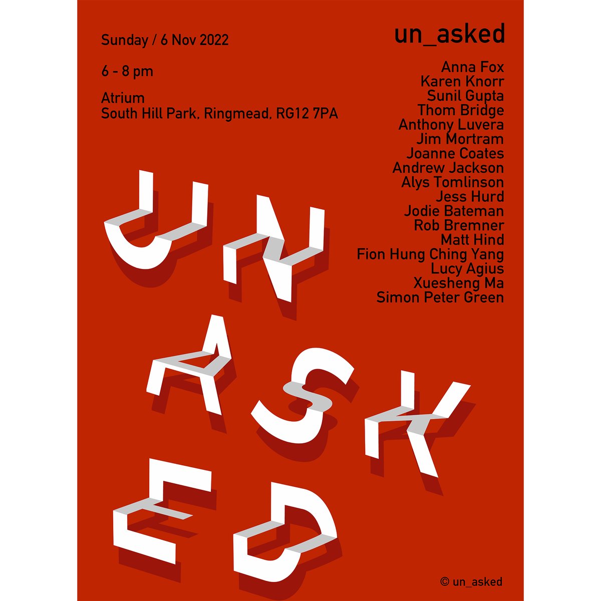 UN_ASKED / Sun 6 Nov / 6pm til 8pm / FREE

un_asked is simply it's own thing and falls between known worlds - gallery, disco, rave and installation - to make fresh ones.

southhillpark.org.uk/events/fresh-a…

<a href="/southhillpark/">South Hill Park</a>
<a href="/MFAPhotoFarnham/">UCA MFA Photography</a>
<a href="/un_asked/">UN_ASKED</a>
#LoveSouthHillPark
#TOGETHERBTFC
#unasked