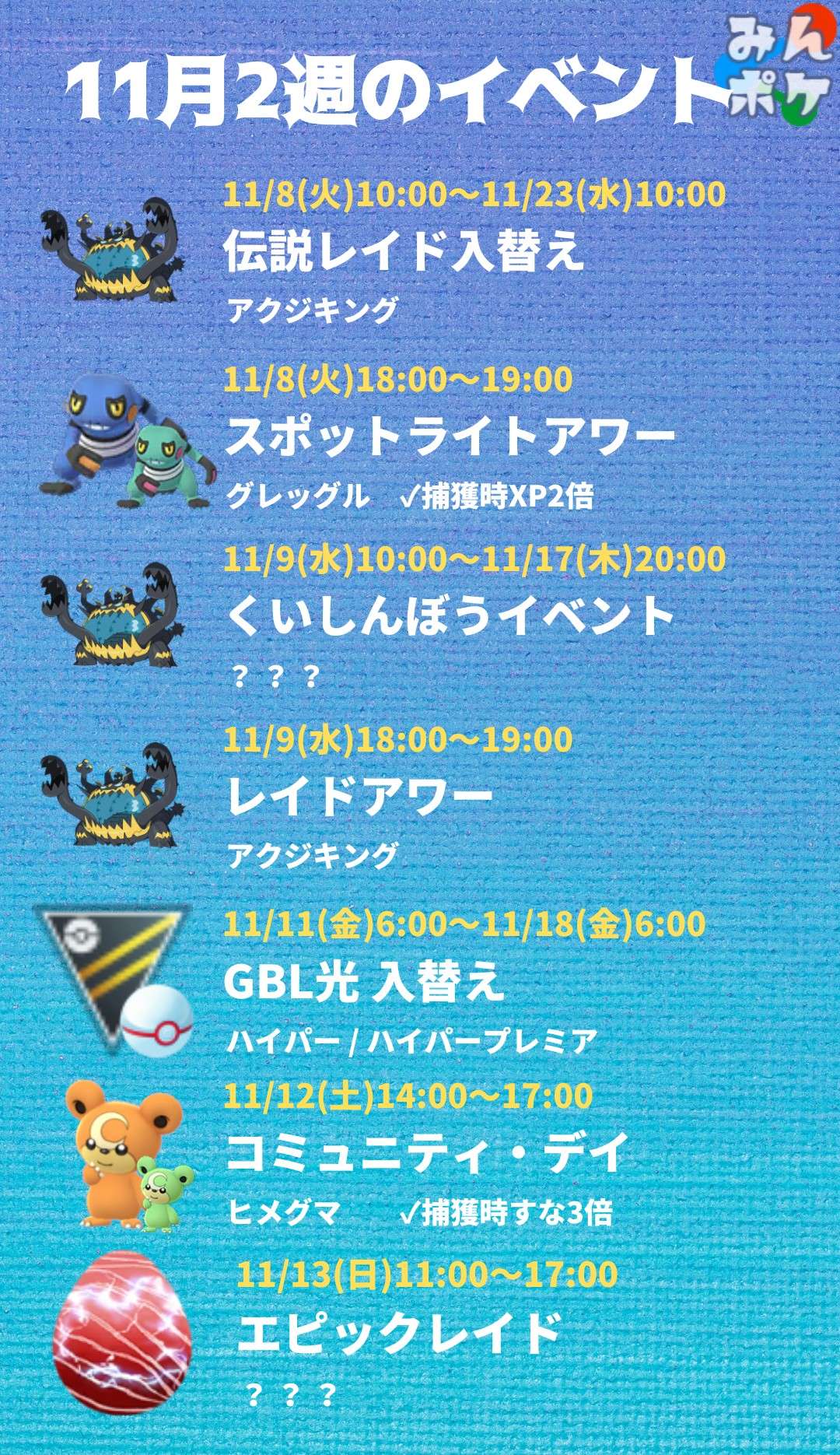 ポケモンgo攻略 みんポケ 今週のイベント アクジキングがレイドボスに初登場します 火 スポライ グレッグル 水 くいしんぼうイベント 水 レイドアワー アクジキング 金 Gbl ハイパー ハイパープレミア 土 ヒメグマのコミュニティ ポケモンgo攻略 みんポケ 今週のイベント アクジキングがレイドボスに初登場します 火 スポライ グレッグル 水 くいしんぼうイベント 水 レイドアワー アクジキング 金 Gbl ハイパー ハイパープレミア 土 ヒメグマのコミュニティ