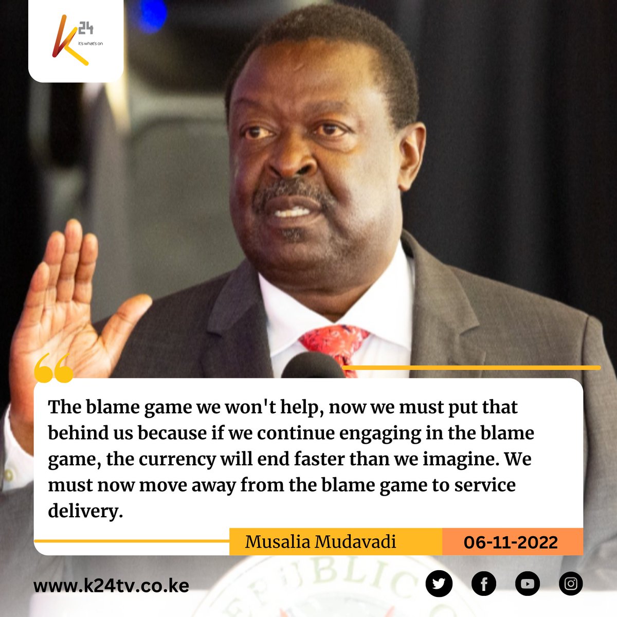 Musalia Mudavadi.: We must now move away from the blame game to service delivery. #K24Siasa