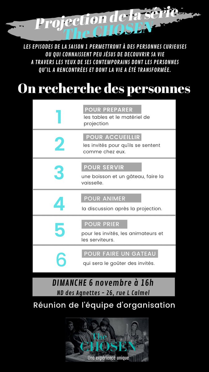 EGennevilliers's tweet photo. Tu es disponible pour une de ces 6 missions car faire connaître Jesus te motive, rejoins l’équipe d’organisation
Si tu es intéressé mais que tu n’es pas disponible cet après-midi, écris-nous un message en MP
@thechosenfrance #OnRecherche https://t.co/JCGN6pszM6
