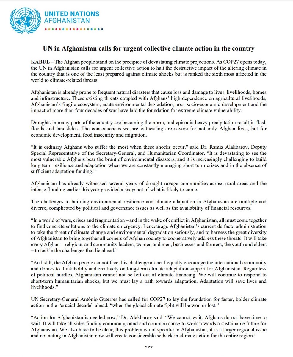 UN Afghanistan (@unafghanistan) on Twitter photo #Afghanistan is ranked the 6th most affected country in world to climate threats. Afghans stand on a precipice of devastating climate projections. As #COP27 opens <a href="/unafghanistan/">UN Afghanistan</a> calls for urgent collective action for the country. – Read full statement👉 bit.ly/3FO8ENK #Afghanistan is ranked the 6th most affected country in world to climate threats. Afghans stand on a precipice of devastating climate projections. As #COP27 opens <a href="/unafghanistan/">UN Afghanistan</a> calls for urgent collective action for the country. – Read full statement👉 bit.ly/3FO8ENK