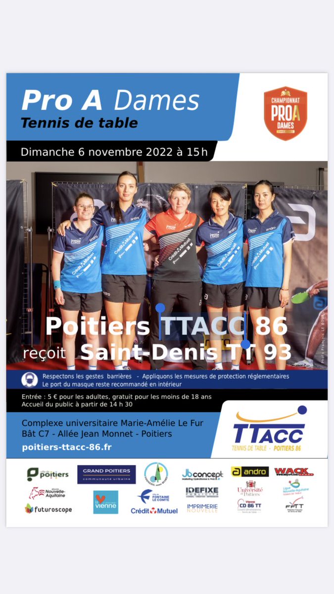 Aujourd’hui à 15 h au Complexe Marie Amélie Le Fur de Poitiers, le TTAC affronte Saint Denis en ProA.
Venez nombreux…
Si vous n’êtes pas dispo,diffusion en direct : youtu.be/rLZFe4ojLuc