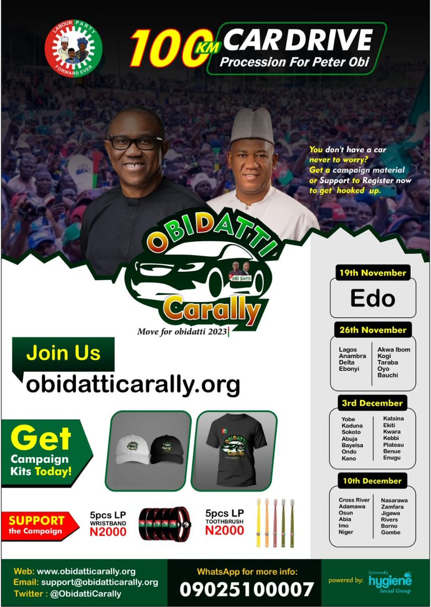 Obidients, Are you Ready?? We are shaking Nigeria for Peter Obi, The Obi Datti Car Rally is getting closer!! @Obidatticarally Kindly send a message to their Whatsapp number to confirm your participation. Asiwaju • David Mark • South East • Shettima • National TV