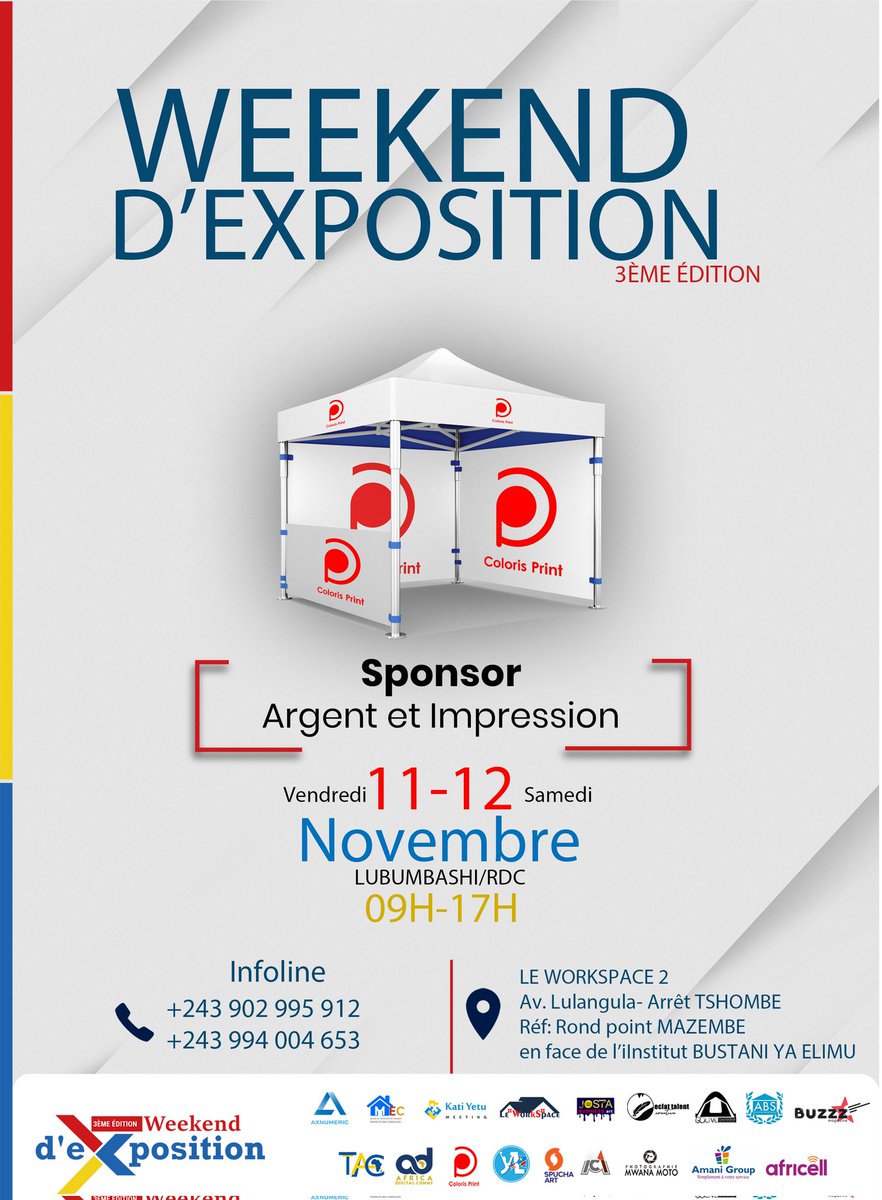 Coloris Print est une entreprise de communication visuelle spécialisée dans l'impression des divers supports imprimés. Notre partenariat-printing sur cette 3ème édition est d'un grand apport.
#WEEKENDEXPOSITION3  #welcome #neratezpas #MadeInRdc ✌️🇨🇩✌️