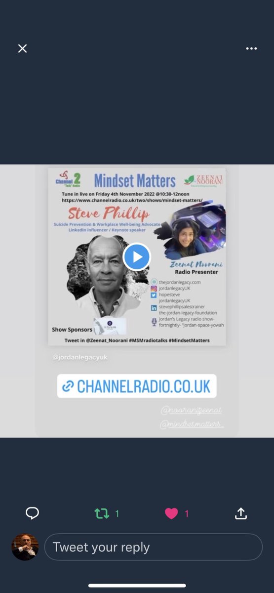 Channel Radio (@channelradiouk) on Twitter photo The Mindset Matters #talkradio show with <a href="/Zeenat_Noorani/">Zeenat Noorani Mindset & Wellbeing Coach</a> & guest @hopestevep <a href="/jordanlegacyUK/">The Jordan Legacy</a> - 🎧 Please tune in on Monday 7th November at 12noon for a show special on channelradio.co.uk/two/shows/mind… The Mindset Matters #talkradio show with <a href="/Zeenat_Noorani/">Zeenat Noorani Mindset & Wellbeing Coach</a> & guest @hopestevep <a href="/jordanlegacyUK/">The Jordan Legacy</a> - 🎧 Please tune in on Monday 7th November at 12noon for a show special on channelradio.co.uk/two/shows/mind…