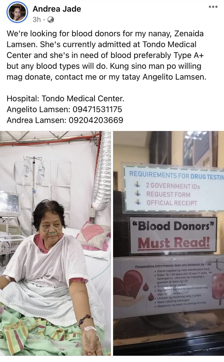 sugascart's tweet photo. hello! we're looking for blood donors for my lola and she's in hospital for a month na. we need A+ na blood donors. if you're willing to donate pls let me know thru dms, i'm willing to shoulder the transpo fee if near manila lang since i'm still a student. thank you! https://t.co/EV5iAu7AXA