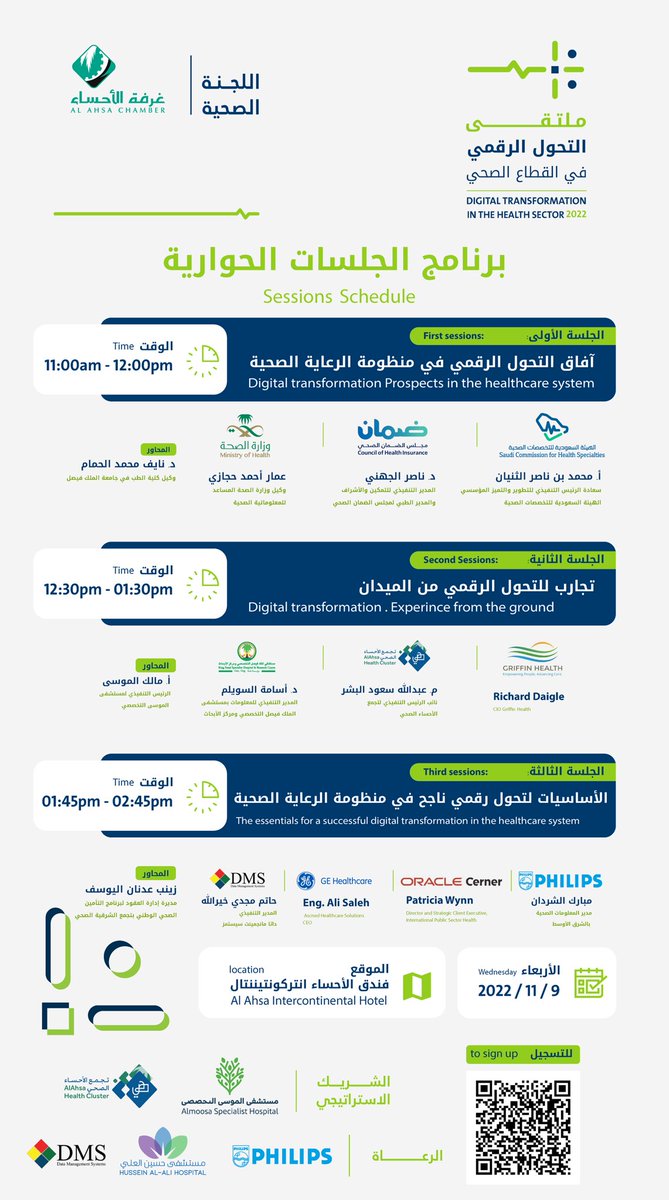 ahsachamber's tweet photo. تعرفوا على موضوعات الجلسات الحوارية لملتقى التحول الرقمي في القطاع الصحي والمشاركين فيها.

انضموا للحضور الآن:
https://t.co/bn5SW8m54i https://t.co/b4BmDqj906