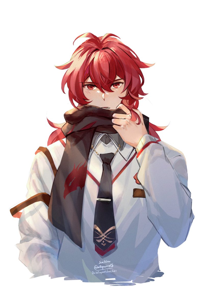 diluc (genshin impact) 1boy male focus red hair red eyes scarf long hair solo  illustration images