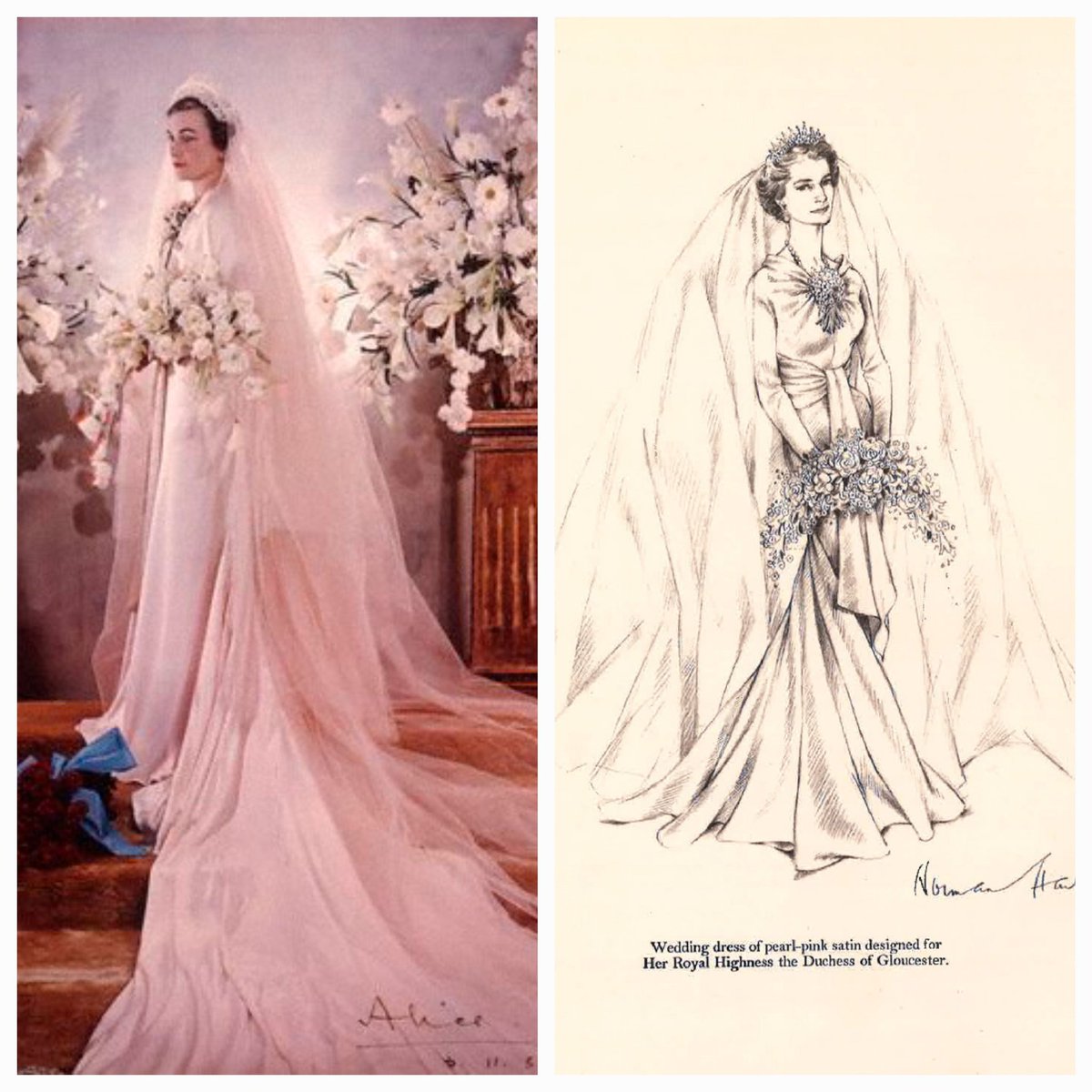 Lady Alice Montagu Douglas Scott married Prince Henry, Duke of Gloucester,  #OnThisDay in 1935. The bride wore a blush-coloured satin dress designed by  Norman Hartnell, that was decorated with orange blossom at