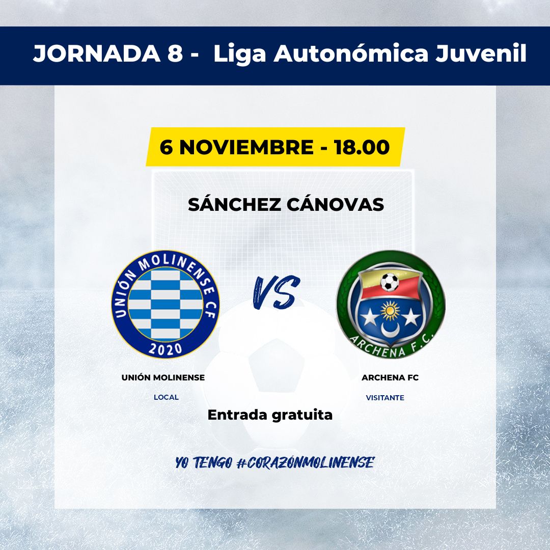 ¡Hoy nuestro juvenil juega en casa!🏟️🏡

🔝Van líderes de la Liga Autonómica Juvenil, necesitan el apoyo de todos los molinenses👏🥁

🏆 Jornada 8
📅 6/11
⌚ 18:00
🆚 <a href="/archenafc/">Archena F.C.</a>
🏟️ Estadio Sánchez Cánovas 

#CorazónMolinense