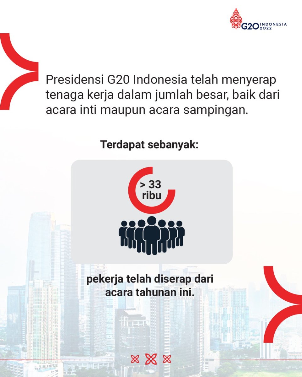 Kemdikdasmen's tweet photo. #SahabatDikbud, Presidensi G20 Indonesia telah menyerap tenaga kerja dalam jumlah yang besar pada acara inti maupun acara sampingan. Beberapa sektor dengan peluang penyerapan tenaga kerja yang besar antara lain transportasi, akomodasi, MICE, UMKM, dan pariwisata.

#G20Indonesia https://t.co/OQ0IMLmvYB