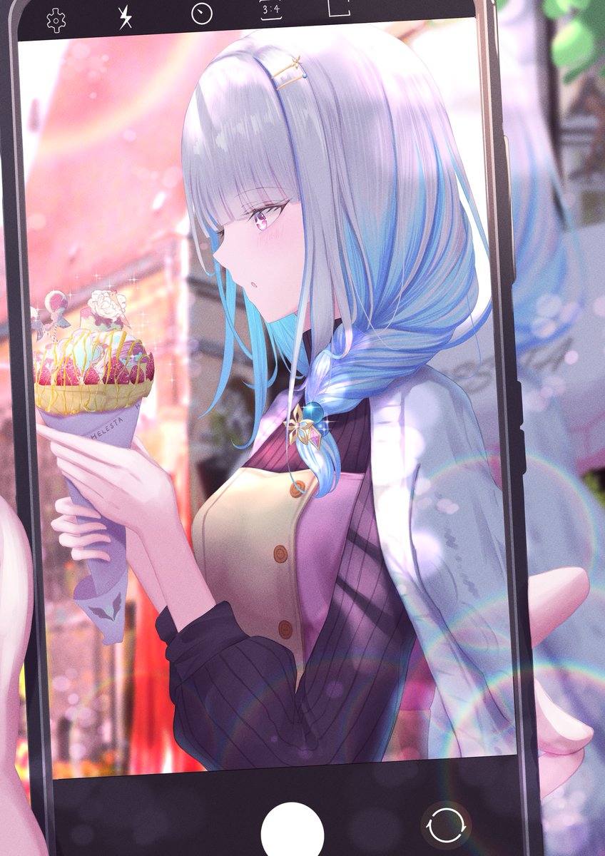 lize helesta 1girl phone braid holding blue hair food cellphone  illustration images