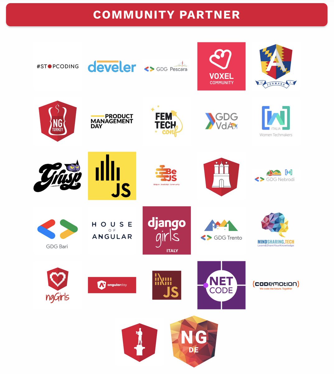 NGRomeConf | JUNE 19,20 2025 - Rome (@ngromeconf) on Twitter photo Ok, let's complete the mention of the communities that supports us!
<a href="/CodemotionIT/">Codemotion</a> - <a href="/femtechconf/">FemTechConf 👩🏾💻👩💻👩🏽💻🌈</a> - <a href="/HouseOfAngular/">House of Angular</a> <a href="/ngbrum/">Angular Birmingham</a> - <a href="/djangogirlsIT/">djangogirls IT</a> - <a href="/ngTurkiye/">Angular Turkey</a> -<a href="/MindSharingTech/">MindSharing.tech</a> - <a href="/gdgtrento/">GDG Trento</a> - <a href="/roma_js/">RomaJS</a> - <a href="/angularday/">angularday | November 21, 2025| Verona</a> - <a href="/develer/">Develer</a> - <a href="/gdgnebrodi/">GDG Nebrodi</a> - <a href="/grusp/">GrUSP</a> - <a href="/voxelcommunity/">Voxel Community</a> - <a href="/GDGPescara/">GDG Pescara</a> Ok, let's complete the mention of the communities that supports us!
<a href="/CodemotionIT/">Codemotion</a> - <a href="/femtechconf/">FemTechConf 👩🏾💻👩💻👩🏽💻🌈</a> - <a href="/HouseOfAngular/">House of Angular</a> <a href="/ngbrum/">Angular Birmingham</a> - <a href="/djangogirlsIT/">djangogirls IT</a> - <a href="/ngTurkiye/">Angular Turkey</a> -<a href="/MindSharingTech/">MindSharing.tech</a> - <a href="/gdgtrento/">GDG Trento</a> - <a href="/roma_js/">RomaJS</a> - <a href="/angularday/">angularday | November 21, 2025| Verona</a> - <a href="/develer/">Develer</a> - <a href="/gdgnebrodi/">GDG Nebrodi</a> - <a href="/grusp/">GrUSP</a> - <a href="/voxelcommunity/">Voxel Community</a> - <a href="/GDGPescara/">GDG Pescara</a>