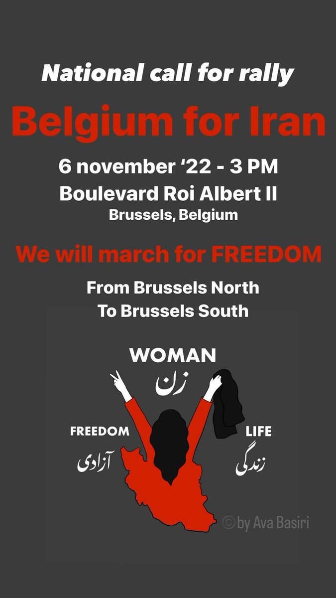 Beter laat dan nooit. Ik verneem het ook pas. Vandaag derde solidariteitsmars met de Iraanse vrouwen. 15 u Brussel Noord. Share and be there!