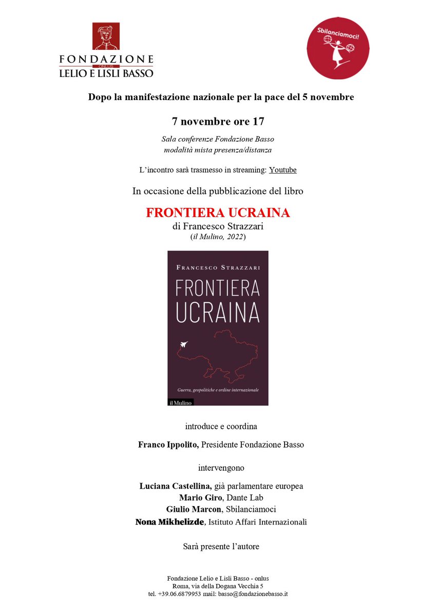 Incontro in occasione della pubblicazione del libro Frontiera Ucraina di <a href="/franxstrax/">francesco strazzari - @zaz.bsky.social</a> 

💬 Introduce &amp; coordina Franco Ippolito. Interventi di Luciana Castellina, Mario Giro, <a href="/GiulioMarcon1/">Giulio Marcon</a> <a href="/Sbilanciamoci/">Sbilanciamoci</a> &amp; <a href="/NonaMikhelidze/">Nona Mikhelidze</a> 

📆 Domani 07/11 alle 17 presso la <a href="/fondazionebasso/">Fondazione Basso</a>, Roma