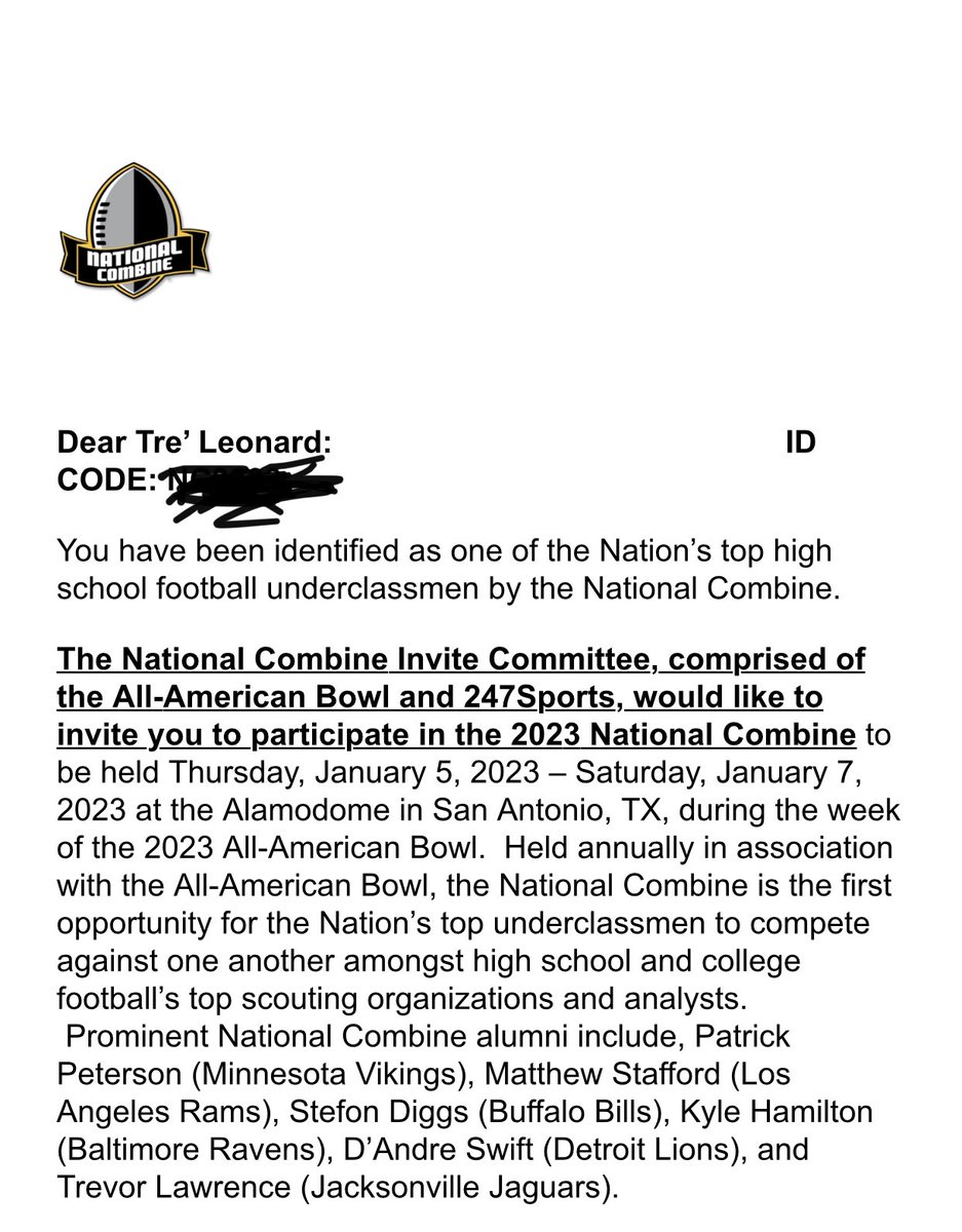 TreLeonard2's tweet photo. Blessed to receive an invite from the National Combine committee to compete at the @NationalComb1ne in January!
#Top600
#AllAmerican
#Classof2025 https://t.co/npRixSbKpb