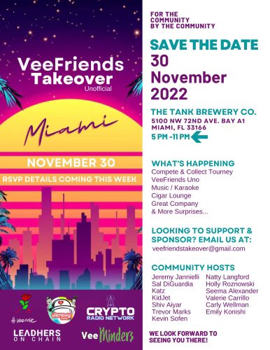 KATZNESS's tweet photo. You don’t want to miss this - more details to come shortly! Discussing this on spaces with @saldiguardia right now. Come join! It’s a VeeFriends Takeover Miami 2022! https://t.co/Z6hK27CBXp