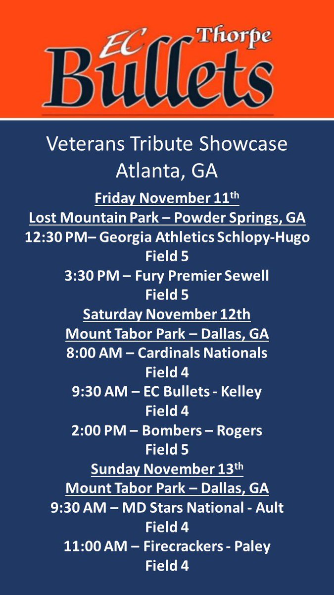 So excited to be traveling down to Atlanta!! Here is the schedule for the weekend!! <a href="/EastCobbBullets/">EC Bullets Fastpitch</a> 
@ecbulletsthorpe
