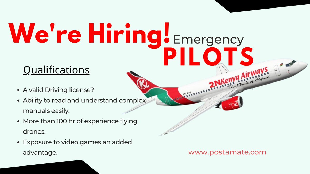 Kenya Airways is hiring emergency pilots! Share widely, our next pilot might be on your TL. #IkoKaziKE 
KALPA
