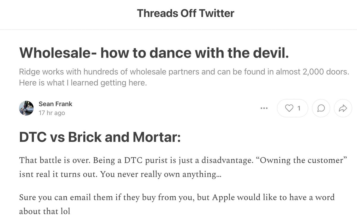 Are you sick of threads?

What about of ads, affiliate posts, and credit card pitches?

Introducing my new WEEKLY newsletter, Threads Off Twitter.

Its the FREE home for all my longform content.
I promise I wont monetize it.

First post-
Everything I know about wholesale.
