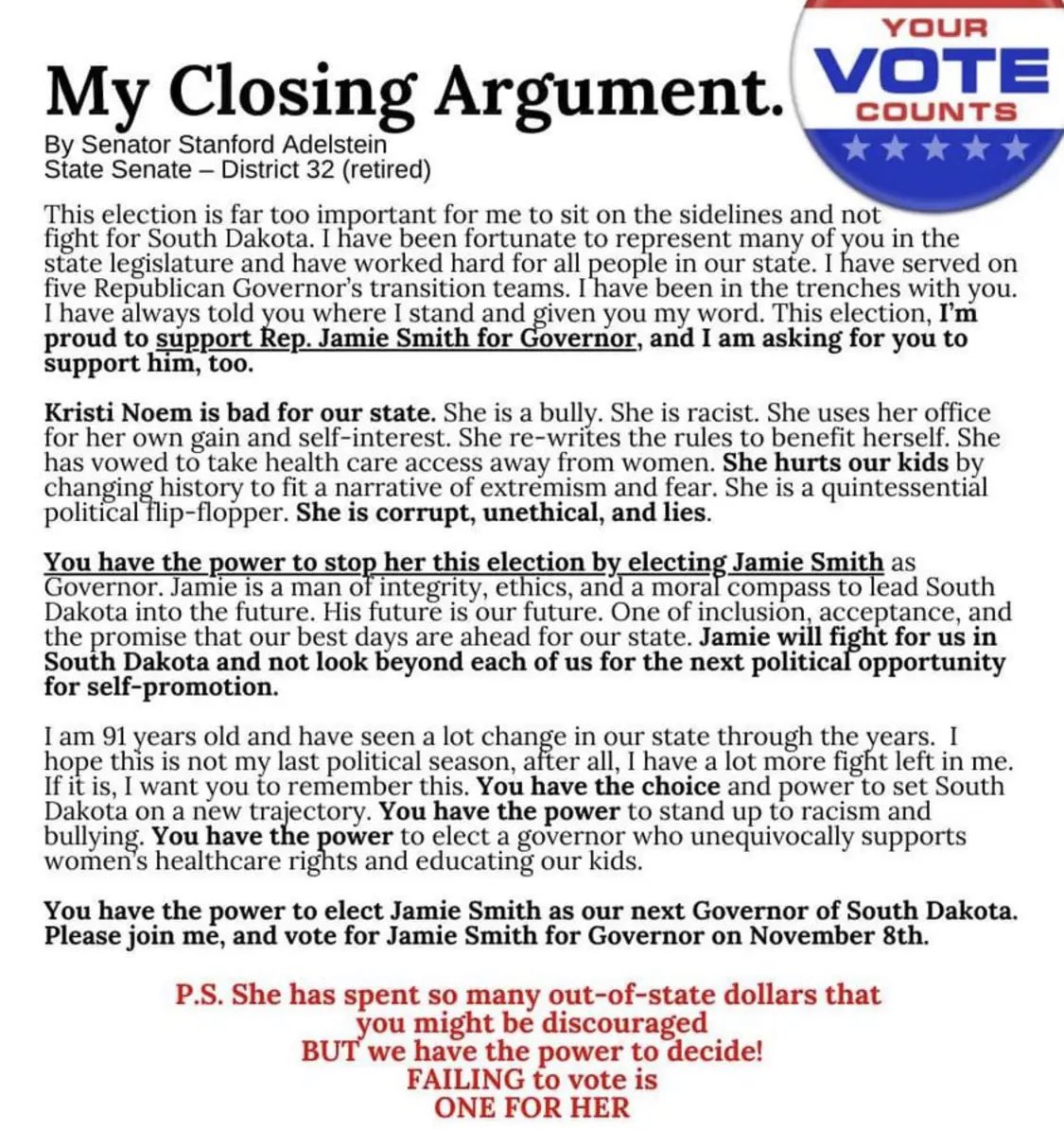 EK_Prom's tweet photo. Pay attention, South Dakota.
Sometimes it's important to put political affiliation aside to vote for the right person at the right time.
Vote #SmithForGov on or before Nov. 8th to bring civility back to Pierre.
#PeopleOverPolitics
#YourVoteIsYourVoice https://t.co/fmzMvPoMJZ