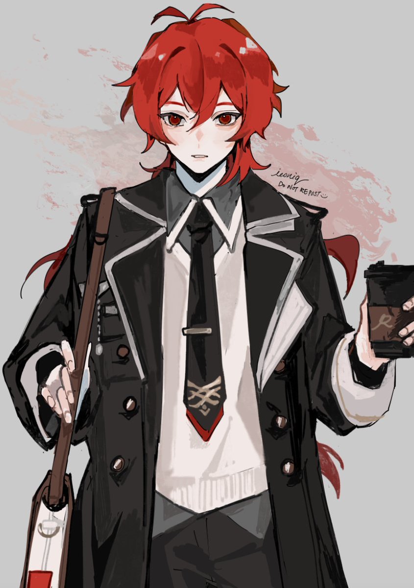 diluc (genshin impact) 1boy red hair male focus red eyes necktie long hair cup  illustration images