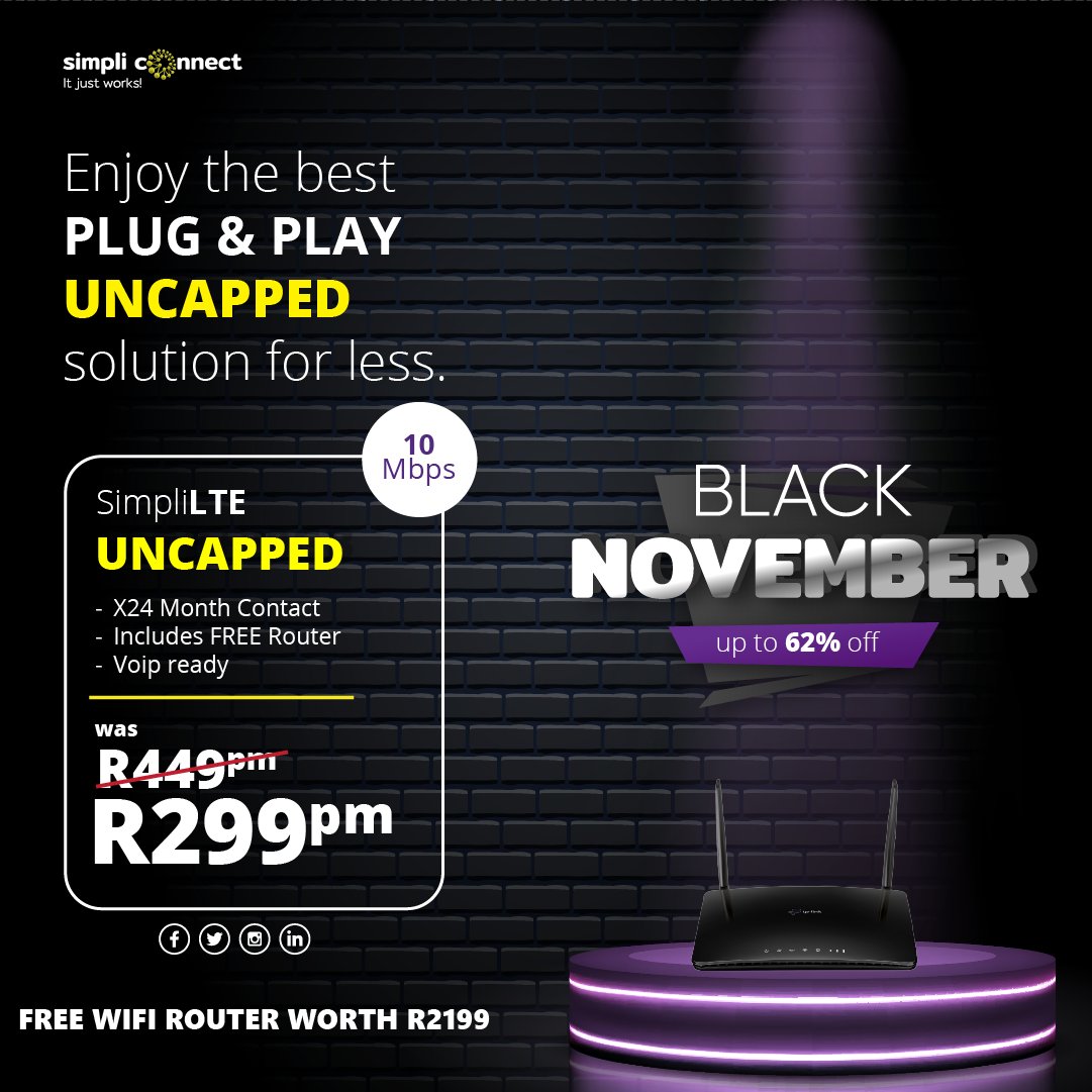 SimpliconnectZA's tweet photo. It’s that time of the year, our #blacknovember deals are back by popular demand with the best-Uncapped LTE at the cheapest prices.

Get connected now📶
Whatsapp: 072 386 4335
Email: sales@simpliconnect.co.za

#BlackFriday #BlackNovember #LTE https://t.co/61V3QQ9thI