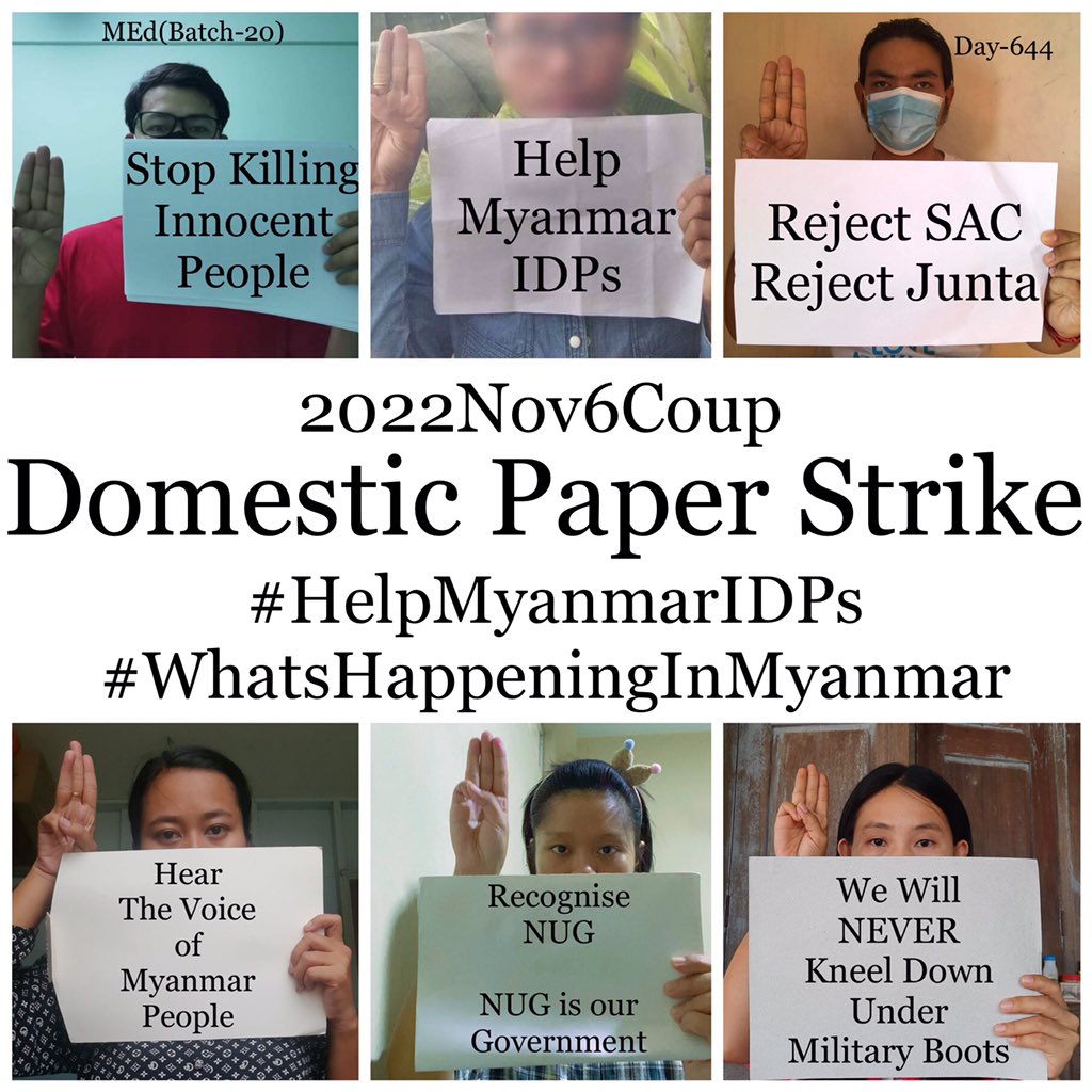 Daily anti-coup revolutionary domestic strike by pro-democracy CDMer teachers from Sagaing University of Education.

#2022Nov6Coup #HelpMyanmarIDPs #WhatsHappeningInMyanmar