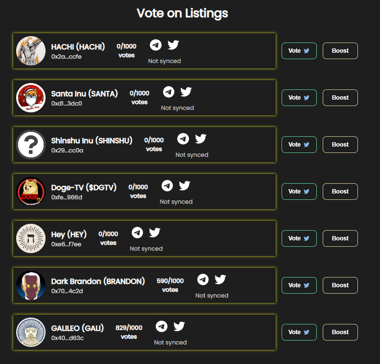 dexhoundcom's tweet photo. These new tokens have been proposed for listing on $HOUND, get those votes in! #DEXHOUND

$HACHI
$SANTA
#SHINSHU
$DGTV
$HEY
#BRANDON
$GALI

Vote at https://t.co/aESH8kJzHC https://t.co/HLIBHZVbdQ