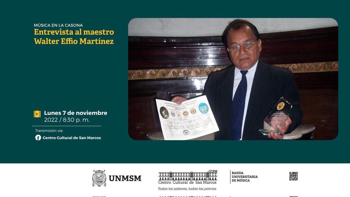 CCulturalUNMSM's tweet photo. [#ProgramaVirtual] No te pierdas Música en la Casona, programa virtual 🎥 del #CCSM, donde conoceremos la trayectoria musical del maestro Walter Effio. 📌 Este lunes 7 a las 8:30 p. m. 🔴 Sigue esta transmisión a través de nuestro Facebook oficial 😉

#UNMSM #BUSM #WalterEffio https://t.co/j4WkwzpwfN
