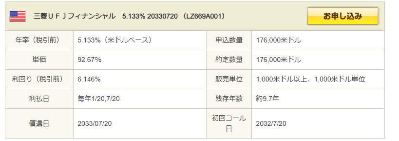 rarara18181818's tweet photo. 毎回同じ事を言われるので、いつもの社債を使って説明します。

この既発社債の残存期間は約9.7年。
面倒なので10年とします。

年率 5.133%は、毎年貰える金利です。
これを出せ無くなるとデフォルトです。
この場合はMUFGがデフォルトする事になります。

 続 https://t.co/6g7RVHRW25