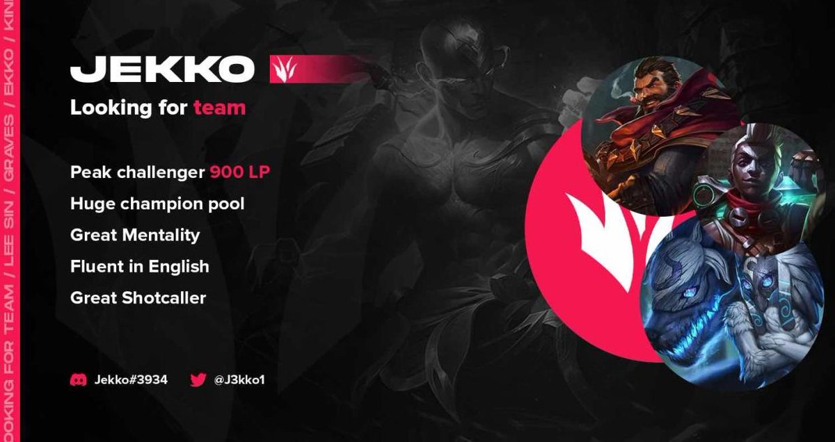 Hello, After lots of fun and the great experience with 
<a href="/AFNofficial_/">AFN Esports</a> 
Im LFT  Offers.
References: 
<a href="/Dagon_LoL/">Marco "Dagon" Lisotta</a>
❤️&amp;🔃 Are appreciated
Lolpedia: lol.fandom.com/wiki/Jekko_(Je…