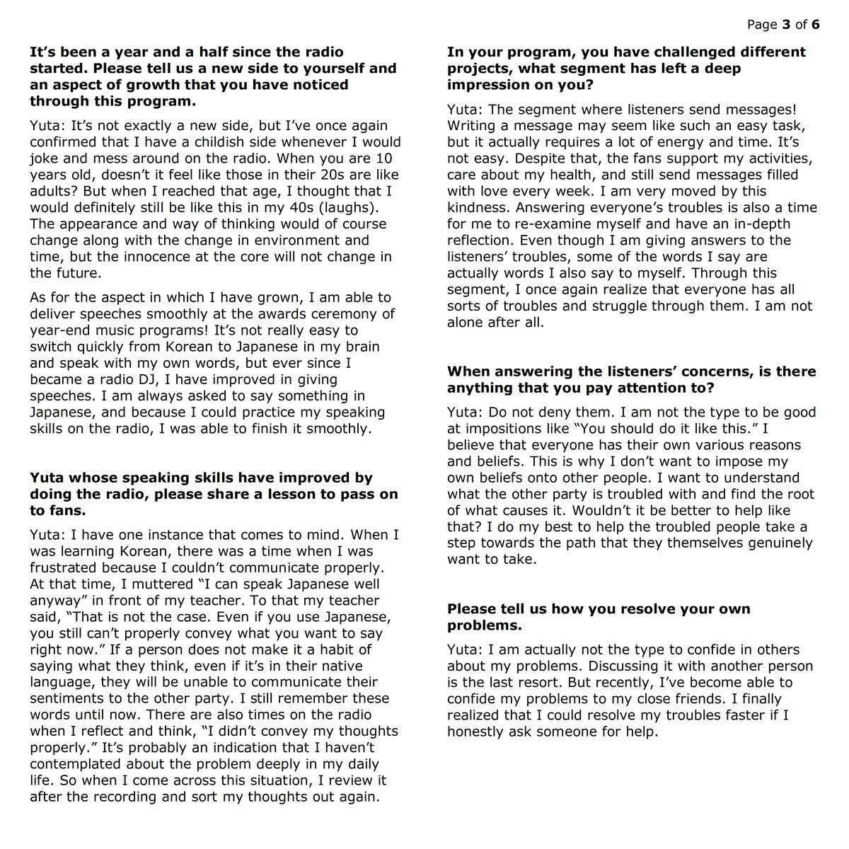 cloudNYT's tweet photo. YUTA at Home Official Book Vol. 1 - Message and Interview [ENG TRANSLATION]

#YUTA: "Even though I am giving answers to the listeners’ troubles, some of the words I say are actually words I also say to myself."

Full text ⬇️
1/2 https://t.co/DVpqwYGNzd