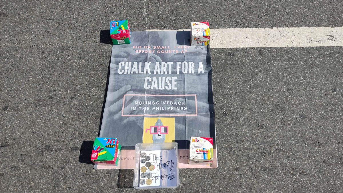 Skwalo09's tweet photo. Chalk Art for a cause by NOUNS Artists in the philippines 🇵🇭🇵🇭. It's hard to draw on a rough surface using chalks and considering also the hot weather, but we manage to finish it and It's worth it 😊.

Link for the Full Video Below: 

#NounsGiveBack #NounsDAO @thenounsquare https://t.co/sFiGLHmQFV