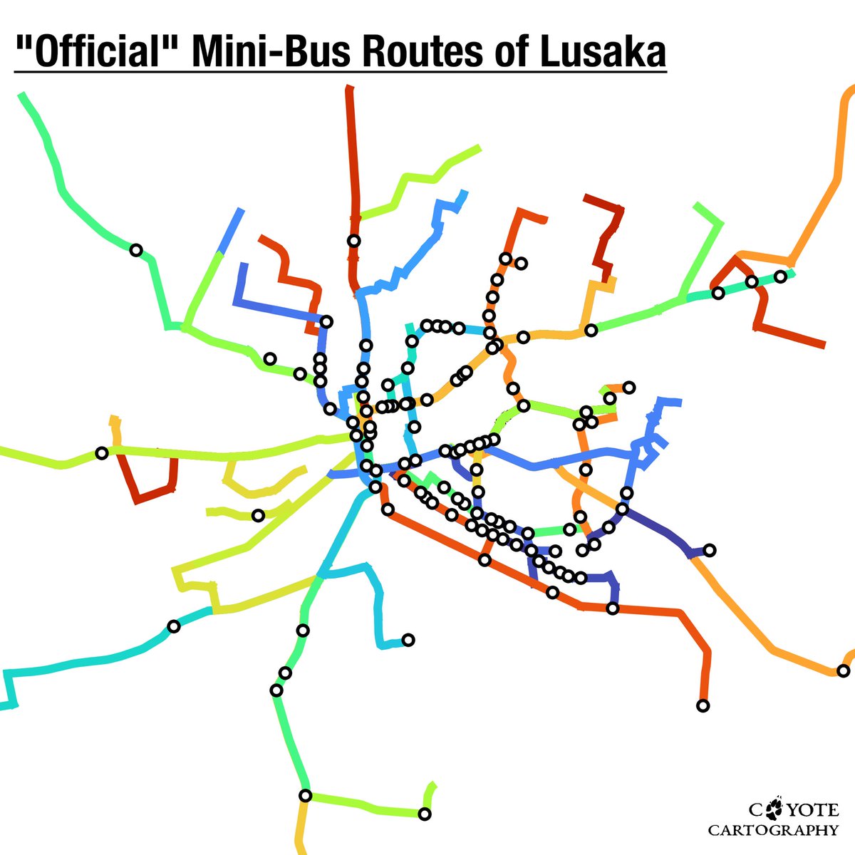 Day 6 of the #30DayMapChallenge Networks: Mini-Bus routes in #Lusaka #Zambia #cartography #qgis