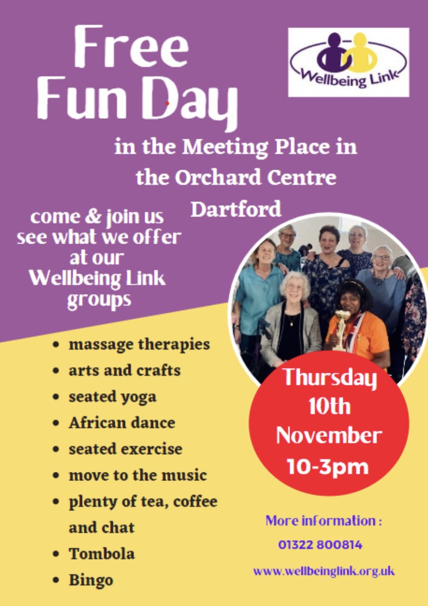 LinkWellbeing's tweet photo. On Thursday 10th November, we are hosting a FREE FUN DAY at the Meeting Room, the Orchards Shopping Centre from 10am -3pm (All are welcome to come along and discover some of the things we offer at our two support groups). 

#communitywellbeing #dartford https://t.co/FwoiybFpCb